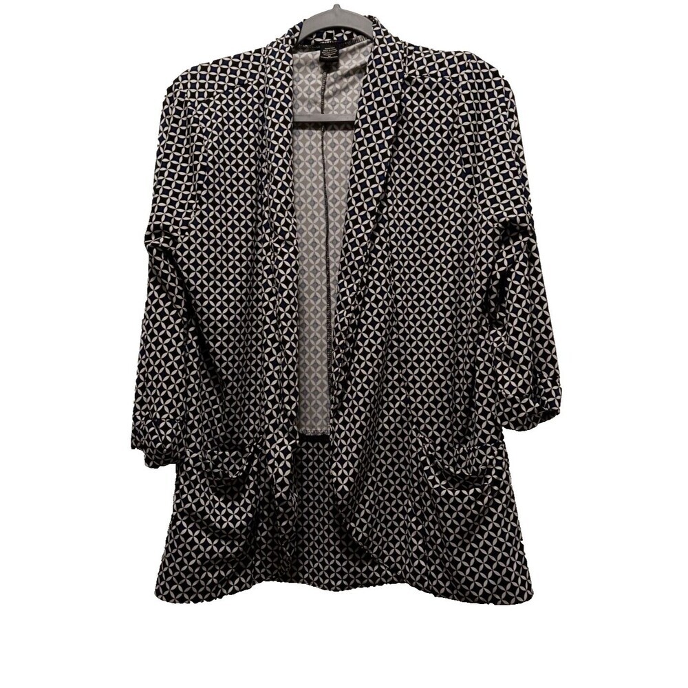 Robert Louis Graphic Print Cardigan Black White Open Front 3/4 Sleeve Size M